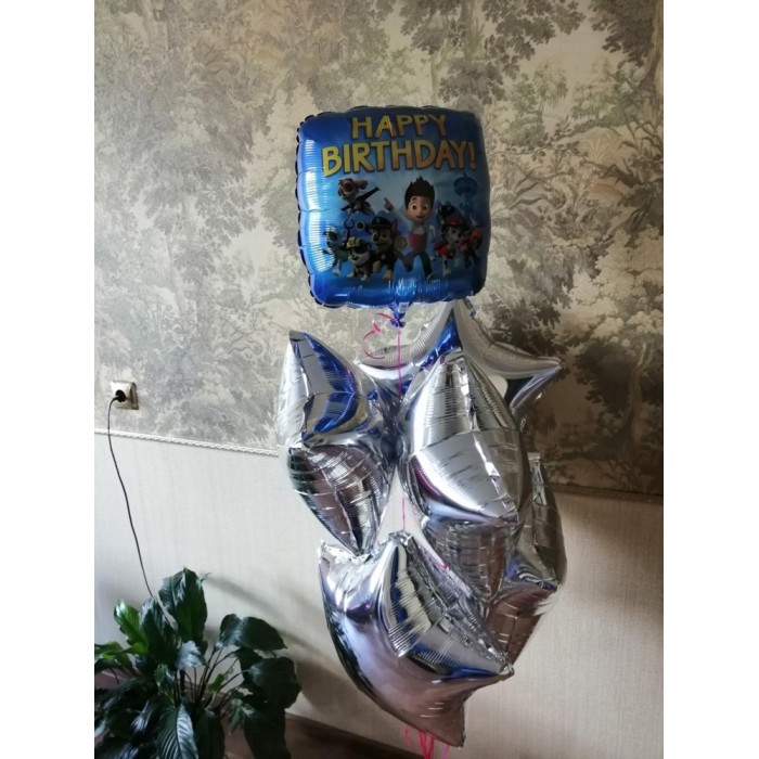 Шар-квадрат Щенячий патруль на день рождения (Happy Birthday) синий