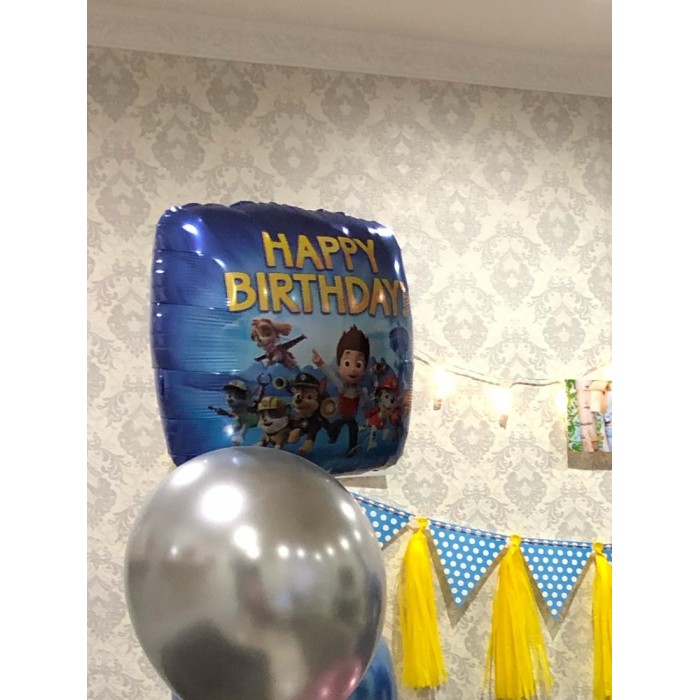 Шар-квадрат Щенячий патруль на день рождения (Happy Birthday) синий