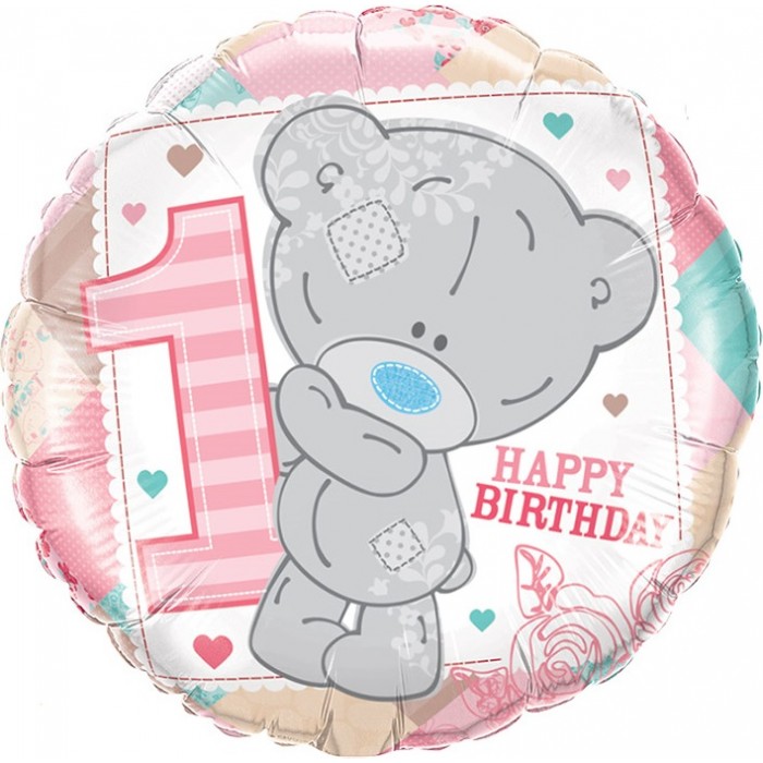 Шар-круг С Днем Рождения 1 (Happy Birthaday 1) (мишка Тедди) розовый