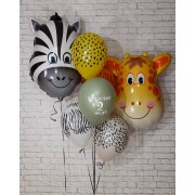 Композиция из воздушных шаров сафари с зеброй и жирафом на два годика малышу