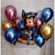 Композиция из воздушных шаров хром с полицейским щенком Чейзом