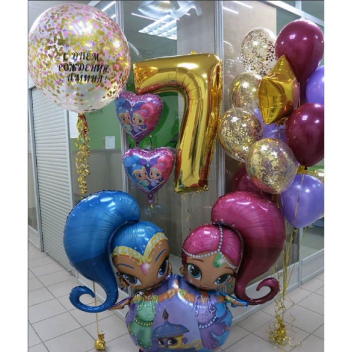 Композиция из шариков с гелием Шиммер и Шайн на День Рождения с цифрой и большим шаром с конфетти