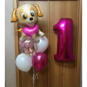 Композиция из шаров на годовасие для малышки с собачкой Скай
