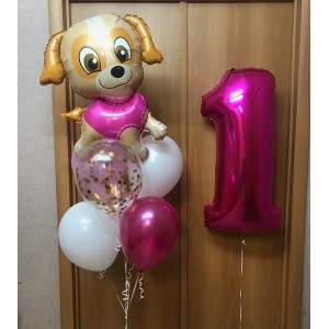 Композиция из шаров на годовасие для малышки с собачкой Скай
