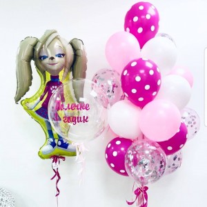 Композиция из гелевых шаров с Розой из Барбоскиных и шаром с перьями на День Рождения