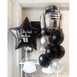 Композиция из гелевых шаров с роботом АР2Дэ2(R2D2) и звездой с индивидуальной надписью