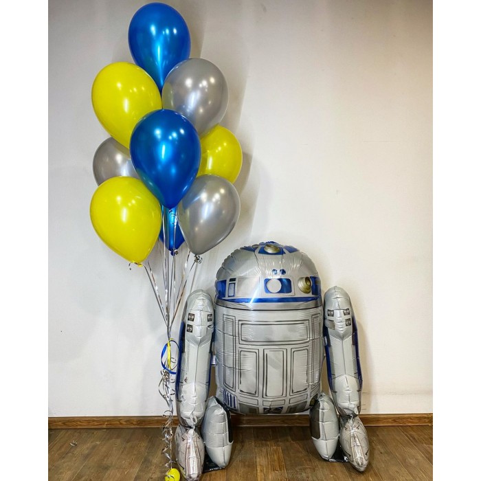 Композиция из шариков с гелием с ходячим шаром робота R2D2