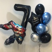 Композиция из шаров с гелием автобот Оптимус Прайм с именной звездой на семь лет