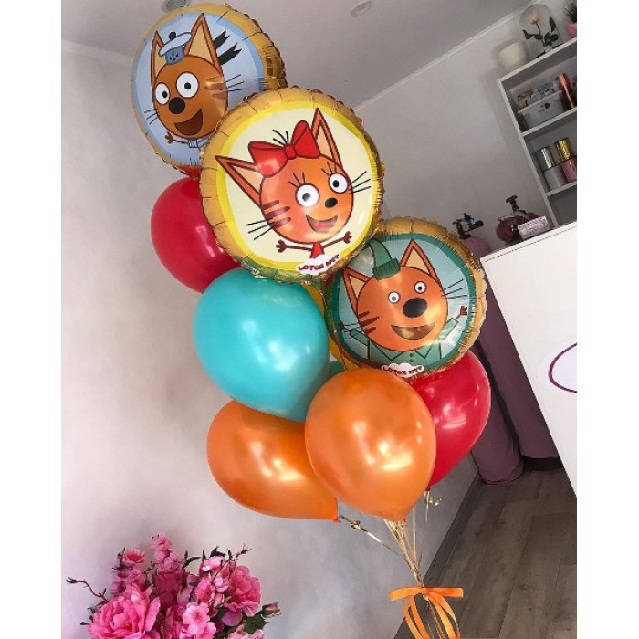 Фонтан из гелевых шаров ассорти, с котами Компотом, Карамелькой и Коржиком