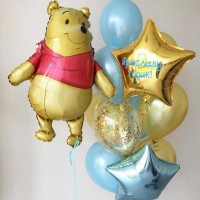 Композиция из гелевых шаров Винни-пух и звезда с надписью на заказ