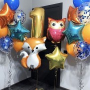 Композиция из гелиевых шариков на День Рождения с цифрой, Лисенком и Совушкой