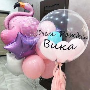 Композиция из шаров с фламинго и шаром-пузырем с вашими пожеланиями
