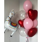 Композиция из воздушных шаров Лама с красными сердцами